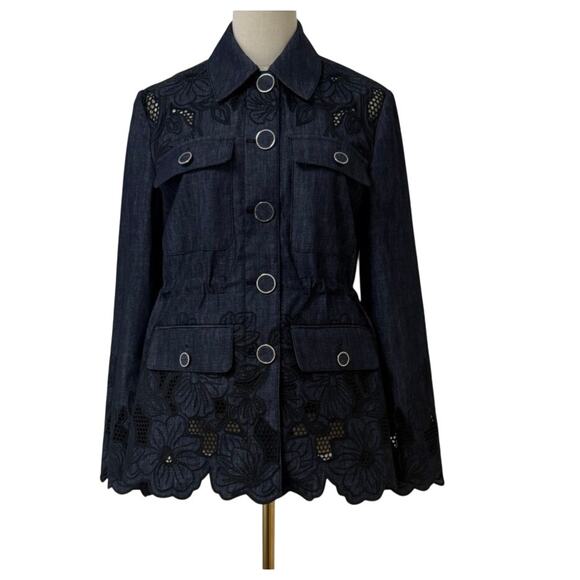 Veronica Beard Kiki Eyelet Jacket Navy Chambray Cinched Field Jacket - Picture 9 of 12
